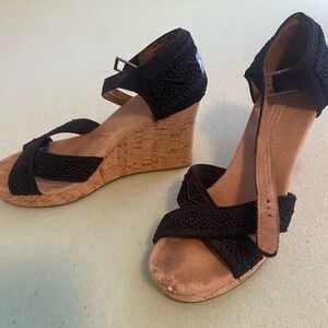 Toms Black Crochet Cork Wedge Sandals